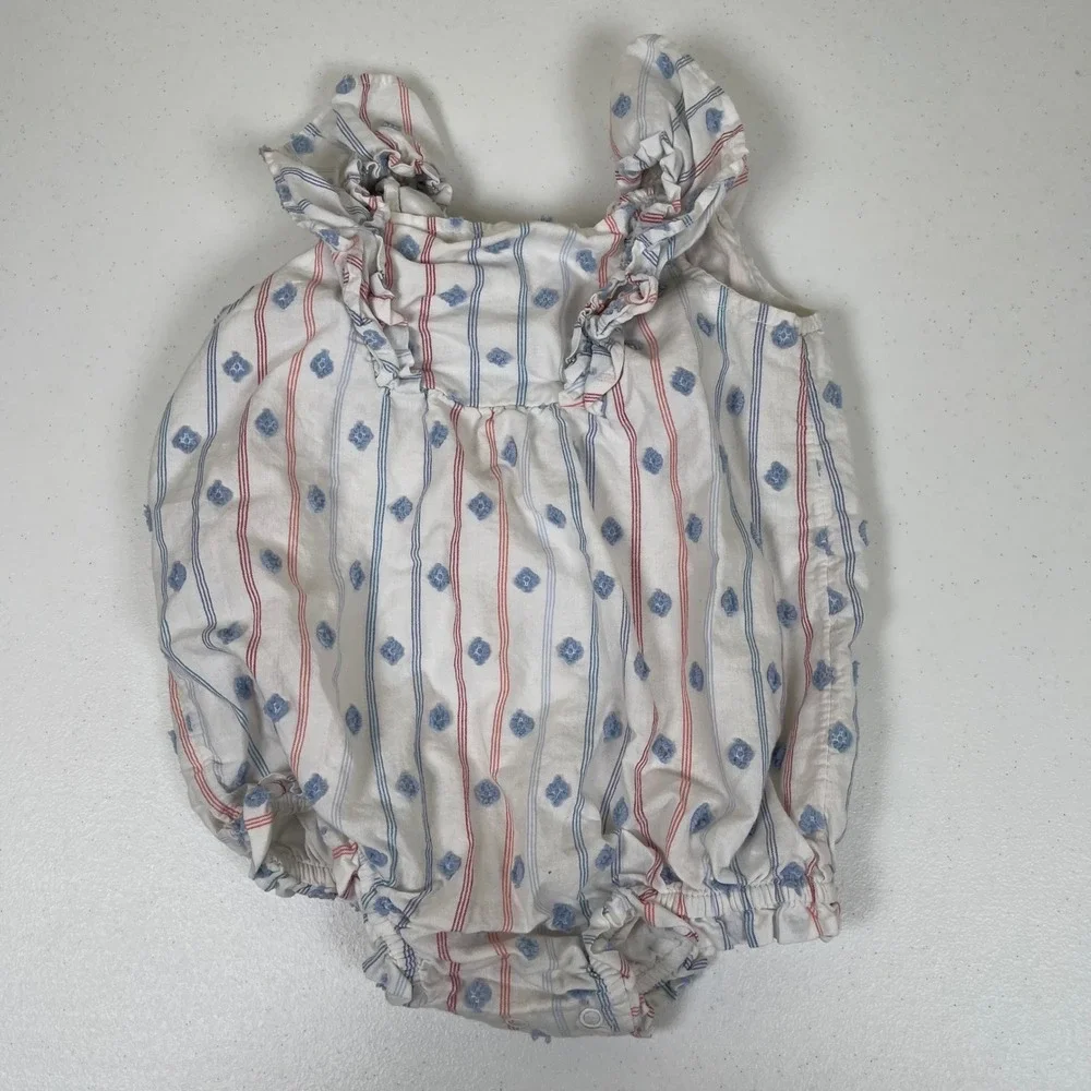 Baby Girl Romper Set‎ 3pc Sunflower Stripe Ladybug Ruffle Tie Shoulder Summer